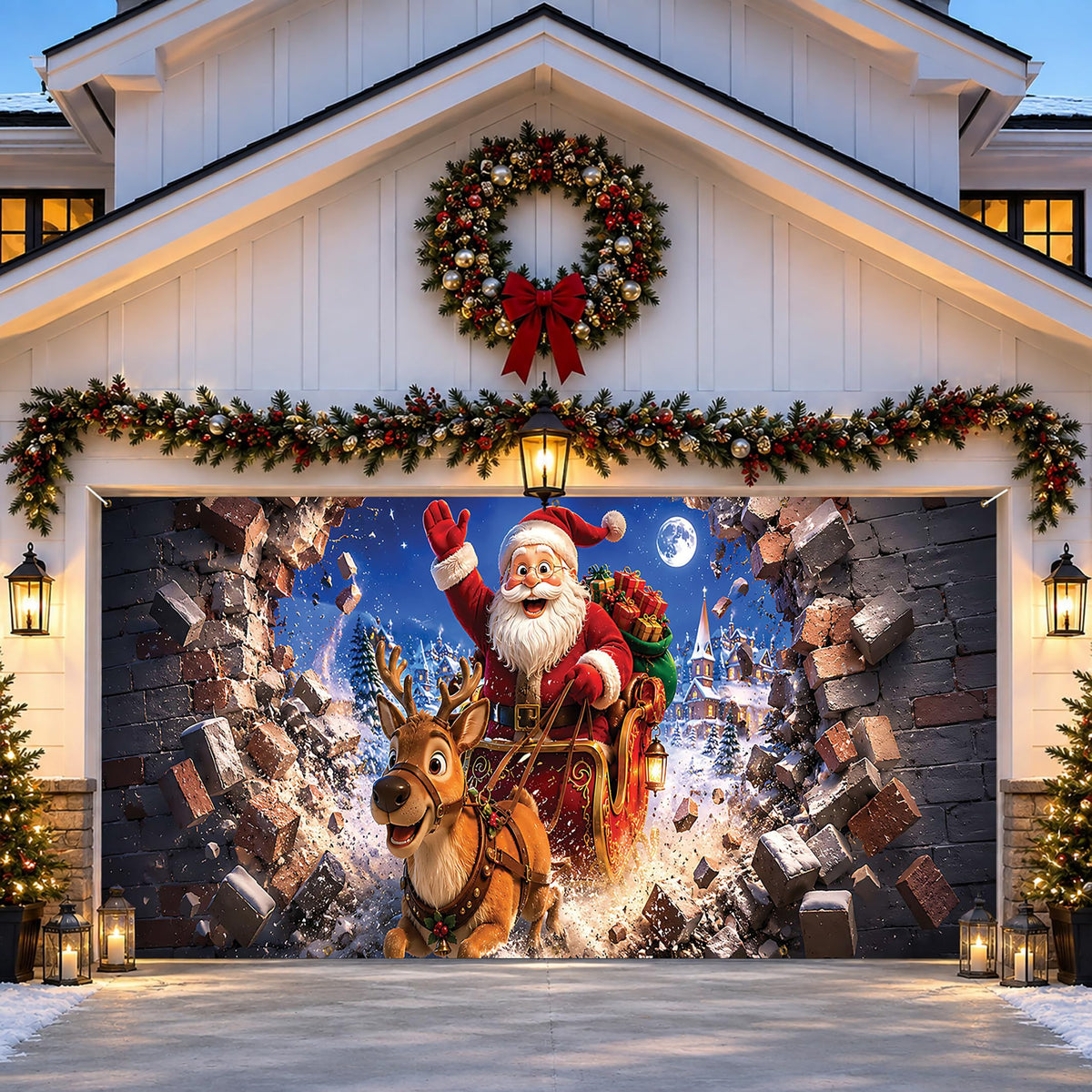 Christmas Garage Door Cover Banner Santa Reindeer Sleigh Backdrop (Santa Claus-1)