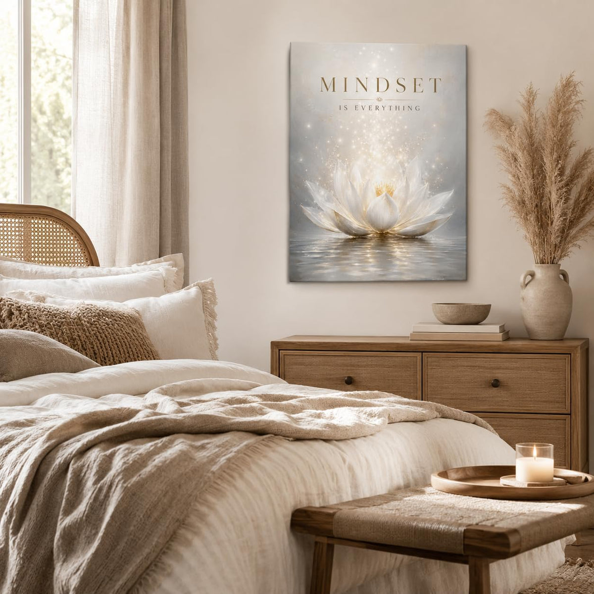 White Lotus Framed Canvas Wall Art Gold Yoga Meditation Decor 12x16 Inches (Mindset Quote / 16"L x 12"W)