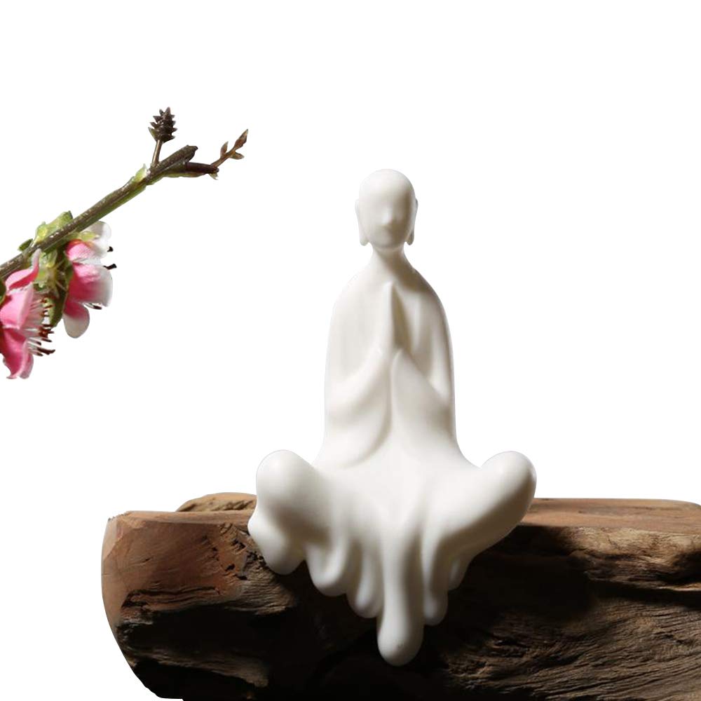 White Ceramic Cute Sitting Buddha Statue Beautiful Sculpture Praying Hands Meditation Monk Figurine Peaceful Little Statue Home Decor Ornaments Delicate Crafts Handmade 4'' Inch Tall