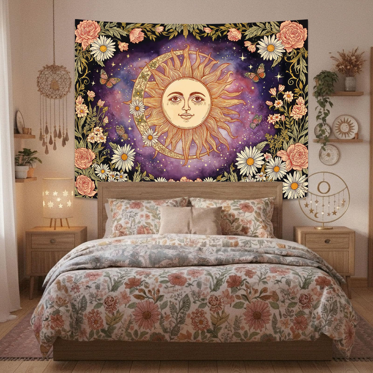 Vintage Sun and Moon Boho Purple Daisy Floral Tapestry 60 x 44 Inch (Purple Sun Rose / 60"L x 44"W)