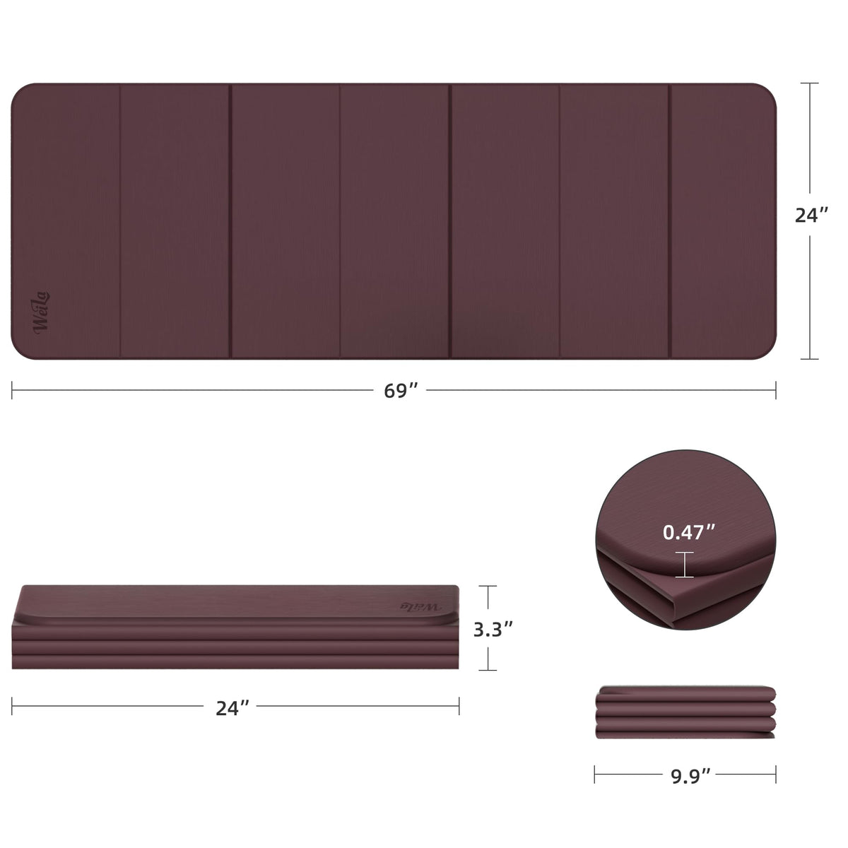 1 2 Inch 70"x24" Foldable TPE Yoga Mat (Wine Red)