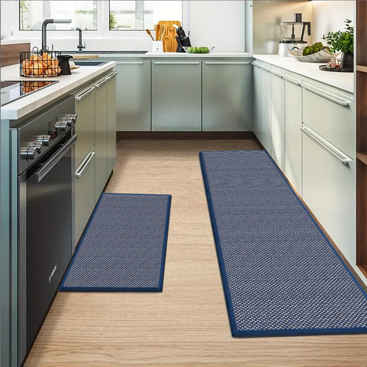 Non Slip Blue Kitchen Rugs and Mats Set of 2 (17" x 29" /17" x 47" / Blue)