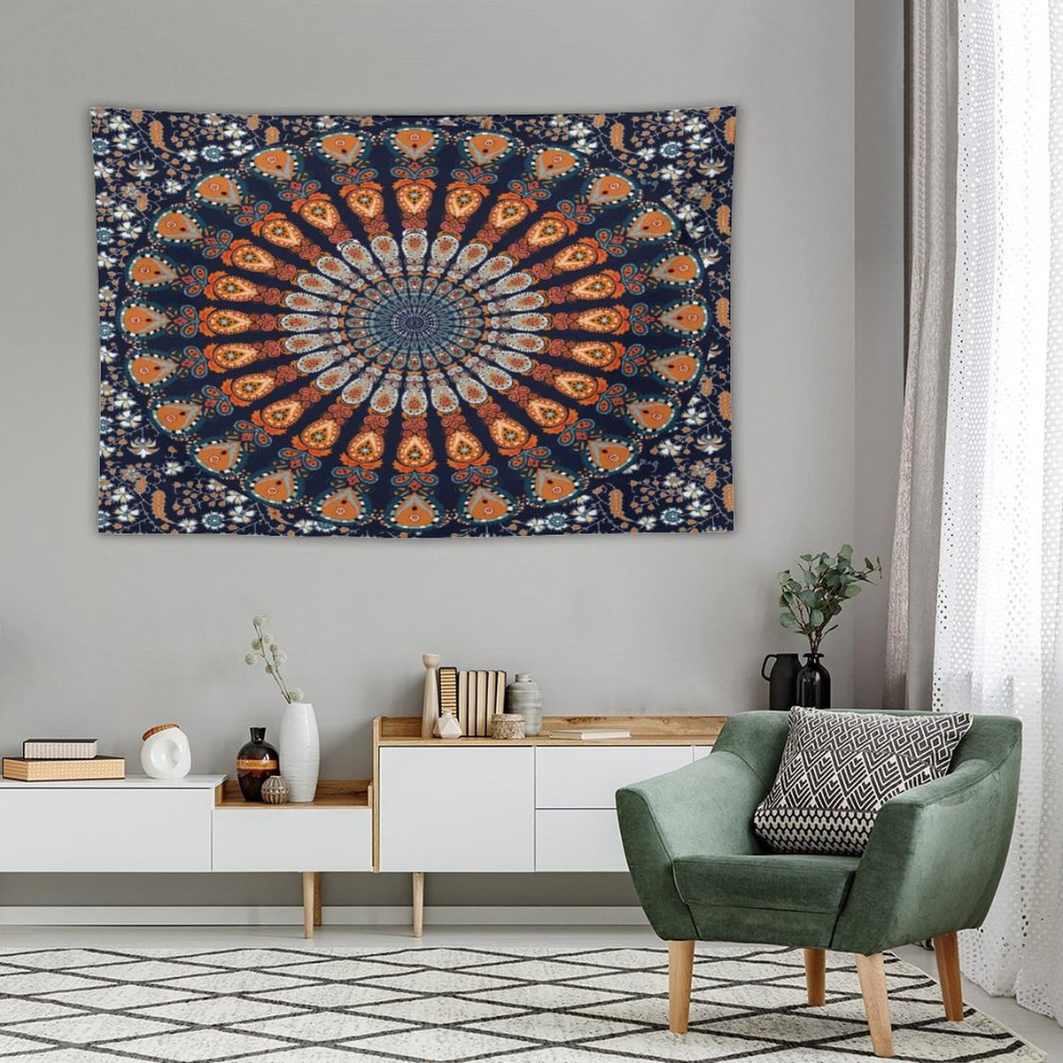 Indian Hippie Bohemian Tapestry Wall Art Hanging Beautiful Peacock Mandala Multi Color Tapestries Home Decor for Living Room Bedroom Kitchen Dorm 60"x90" (60"L x 90"W / Mandala-5)
