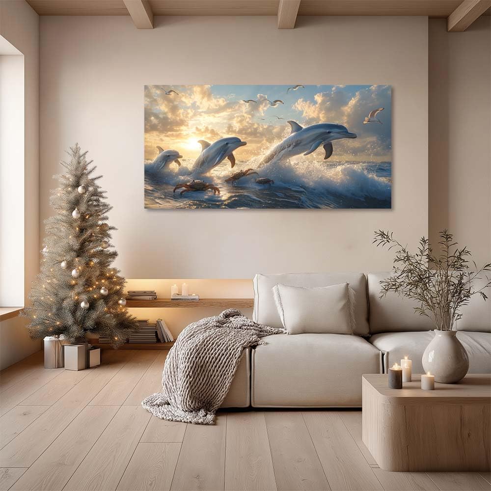 Blue Black and White Dolphin Leap Wall Art Modern Canvas Painting Prints (Coastal / White Dolphin Leap 106 / 46"L x 23"W)
