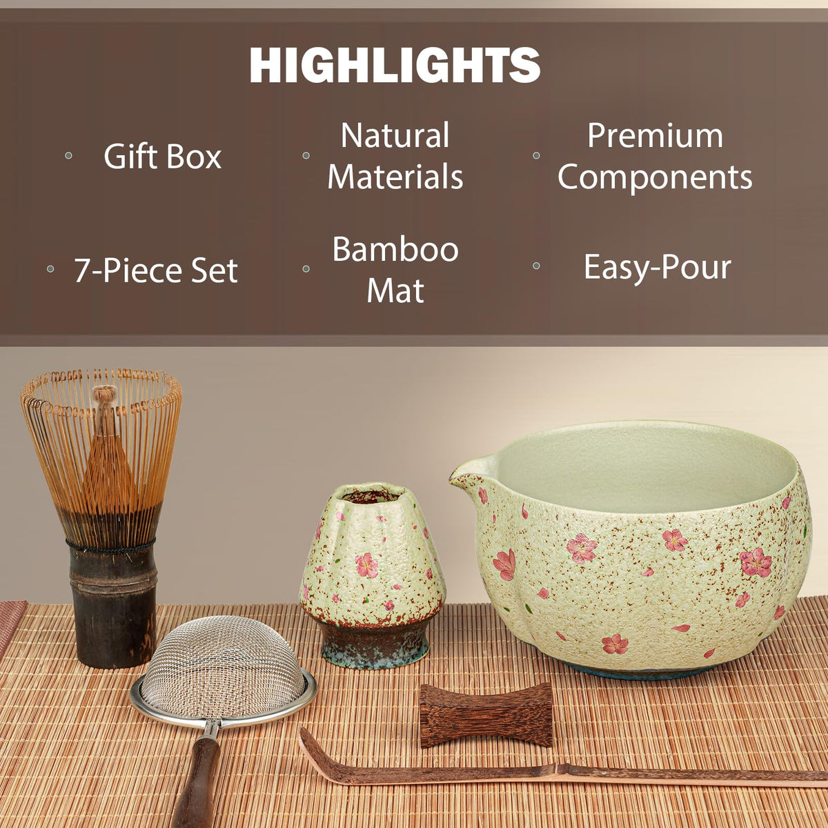 Matcha Set, 7-Piece Matcha Whisk Set with Bowl & 100-Prong Whisk (Beige-Sakura)