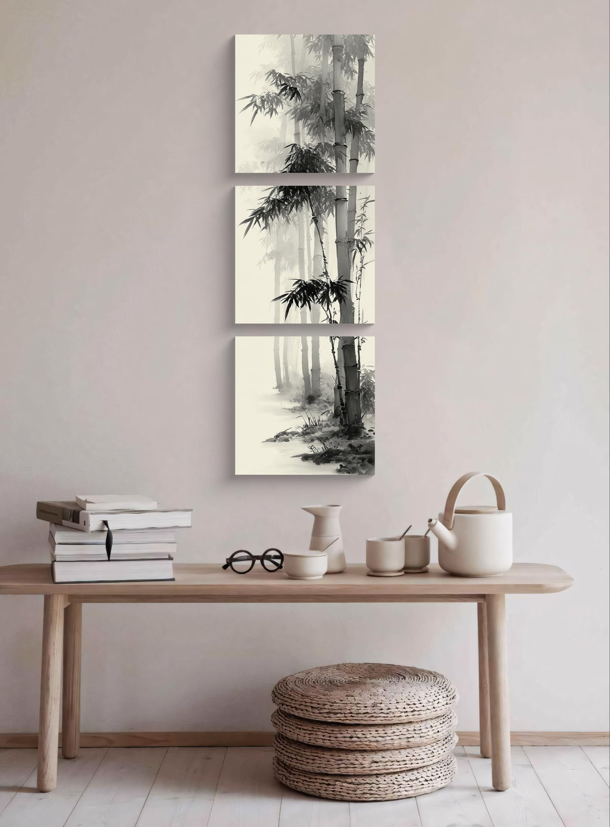 3PCS Vertical Black and White Bamboo Wall Art Asian Ink Painting Style Canvas Print Traditional Chinese Zen Minimalist Artwork Oriental Nature Forest Decor for Living Room Bedroom Meditation (Black and White Bamboo / 20x20 inches (3 pieces))
