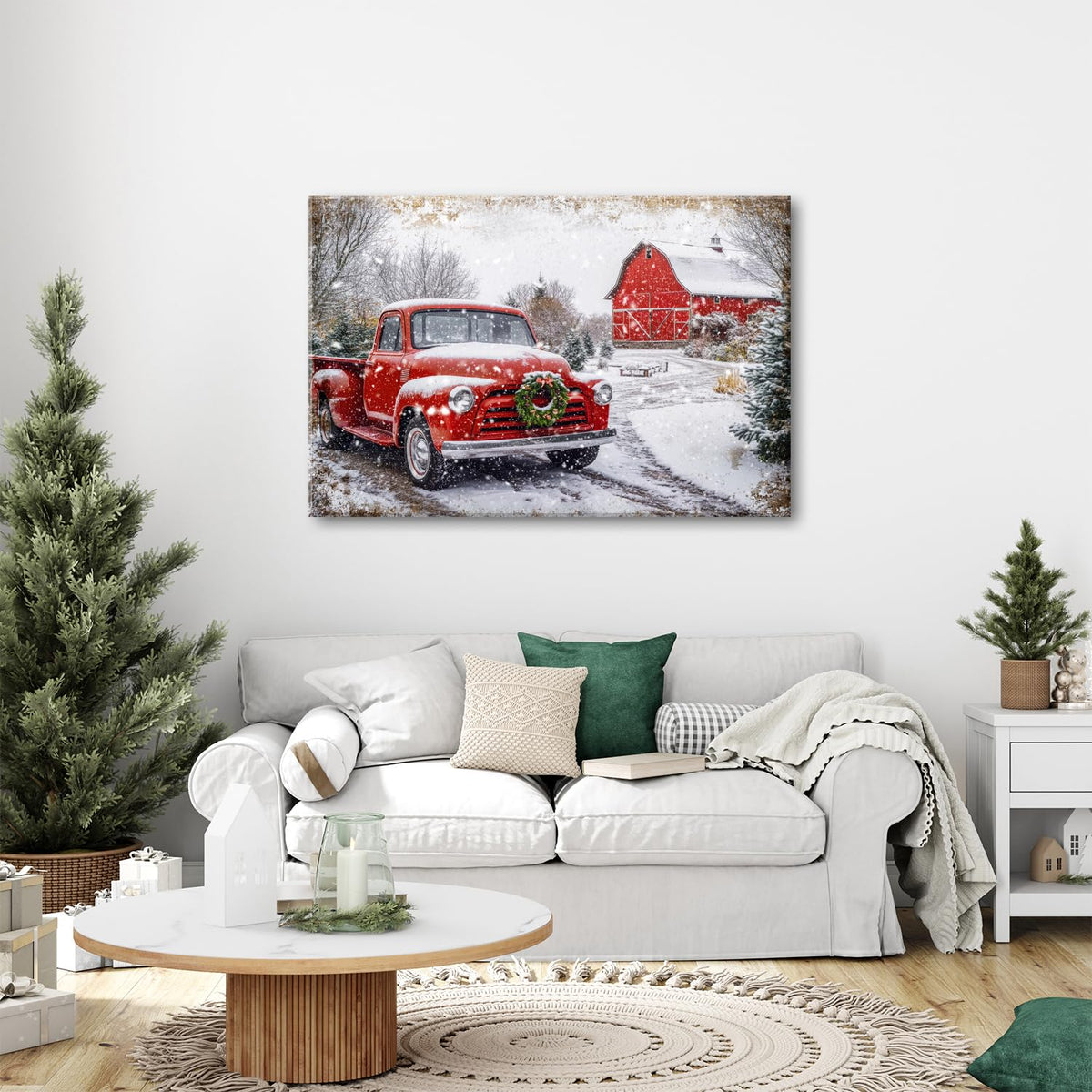 Farmhouse Barn Wall Art Vintage Christmas Wall Decor for Kitchen Rustic Red Truck Prints Country Old Car Picture Winter Scenery Painting Artwork Dining Room Woodland Natural Home Decoration 32x48" (48"L x 32"W / Truck)