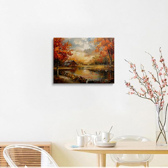 Canvas Wall Art Framed Vintage Autumn Countryside Pond Barn Orange Trees Wall Decor Cozy Rustic Country Landscape Prints Posters Painting Artwork for Bedroom Entryway Office Hallway Home 16x24 Inches (Autumn Landscape / 24"L x 16"W)