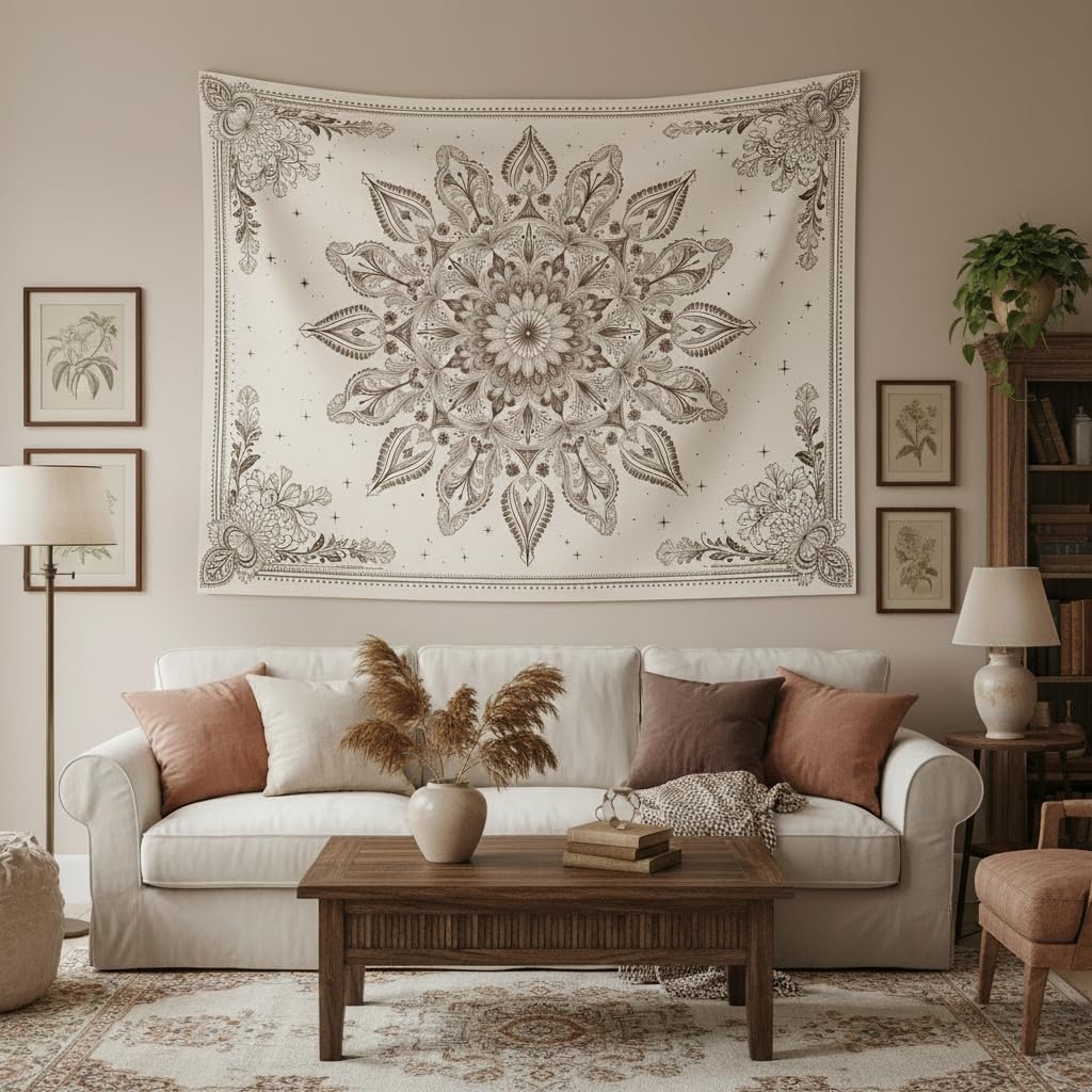 Floral Mandala Tapestry Wall Hanging Boho Beige Tapestry Aesthetic Bohemian Flower Cute Small Tapestries for Bedroom Living Room Dorm Wall Decor 60 x 44 Inch (Bohemian / Beige White / 60"L x 44"W)