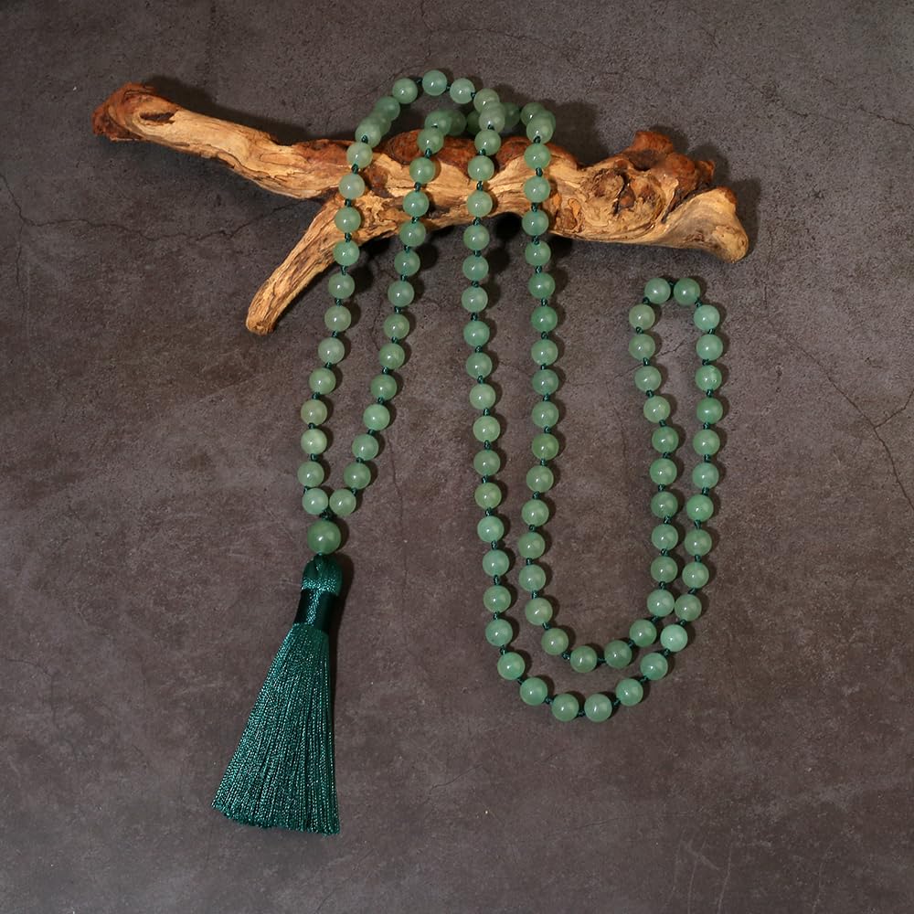 8mm Natural Stone Beads Knot 108 Mala Necklace Meditation Prayer Jewelry for Men and Women (Green Aventurine)