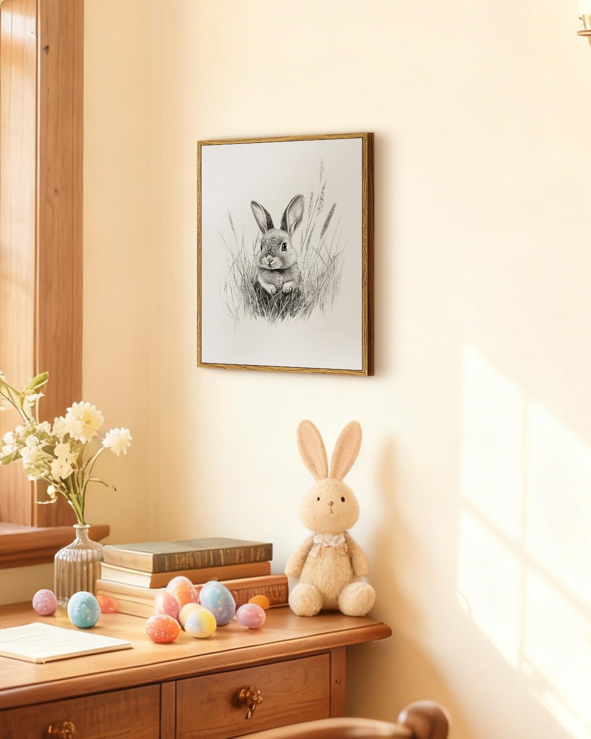 Elegant Cute Bunny Sketch Framed Canvas Wall Art (Sketching / 16"L x 12"W)