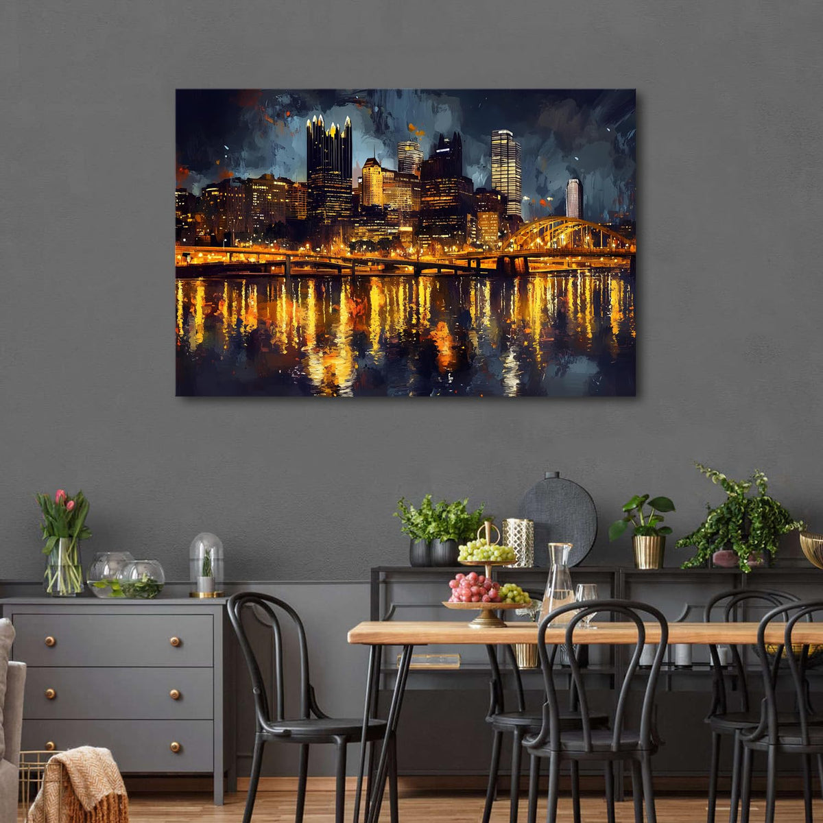 Pennsylvania Canvas Wall Art Pittsburgh Night View Wall Decor Living Room Yellow City Landscape Picture Modern Cities Poster Skyscraper Panoramic Painting Framed Artwork Kitchen Home Decoration 32x48 (48"L x 32"W / Pittsburgh)