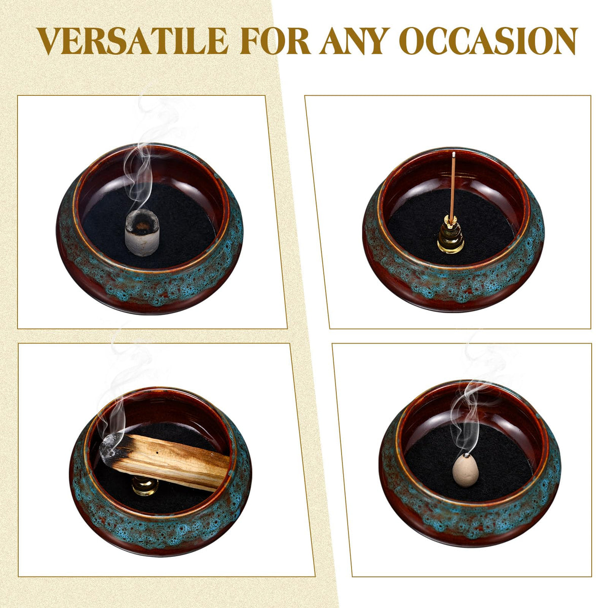 4 Pcs Ceramic Incense Burner with Copper Lid Metal Incense Holder Lotus Cone Burner for Sandalwood Palo Santo Sage Cones Meditation Yoga Spa Gifts Room Decor (Blue)