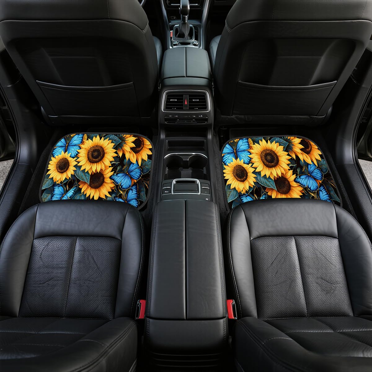 Sunflower Car Floor Mats Set of 4 Butterfly Blue Yellow Bright Color Carpet Front Rear Carpets Mat Non (26.8"L x 17.3"W x 0.4"Th / Sunflower)