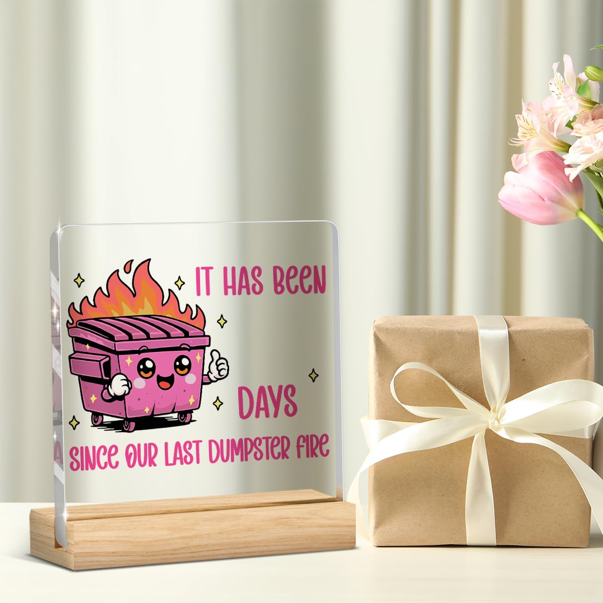 Dumpster Fire Desk Accessories Funny Office Decor Pink Accessories Funny Office Gifts It Has Been Days DIY Acrylic Sign for Home Bedroom Living Room (Pink It Has Been Days Since Our Last Dumpster Fire / Wooden base acrylic with a pen)