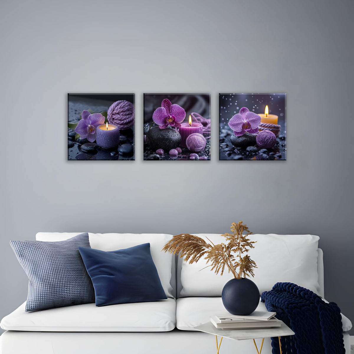 3PCS Purple Orchid Candle Canvas Wall Art Zen Spa Decor Black Stones Water Droplets Relaxing Purple Aesthetic Tranquil Meditation Artwork for Bedrooms Living Rooms Bathrooms Wellness Spaces (14X14inchX3pcs / Purple Orchid Candle)