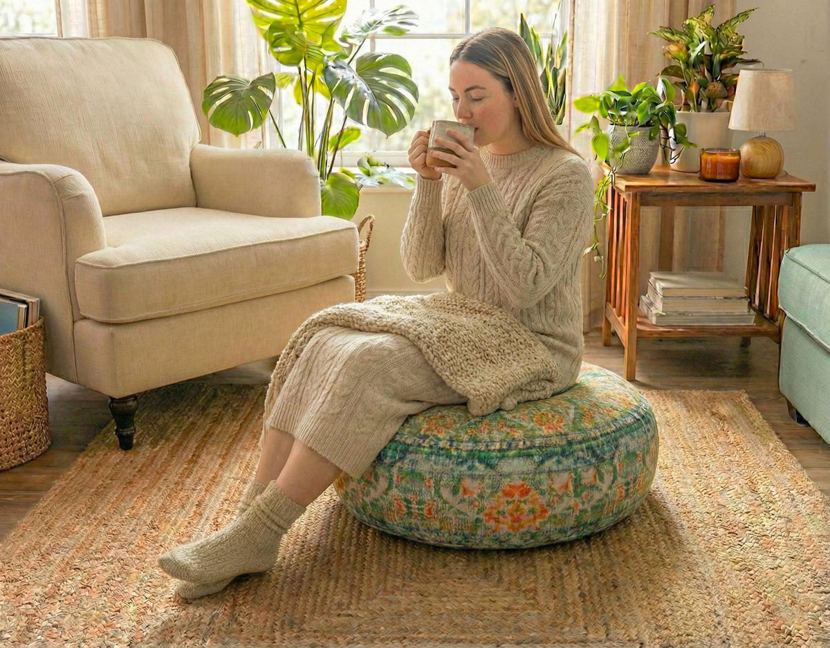 Indian Yoga Décor Pouf Cover Green Round Green Floor Pillow Case Room Décor Moroccan Decorative Cushion Cotton 24x8 Unstuffed (24x8 Cover Only / Green)