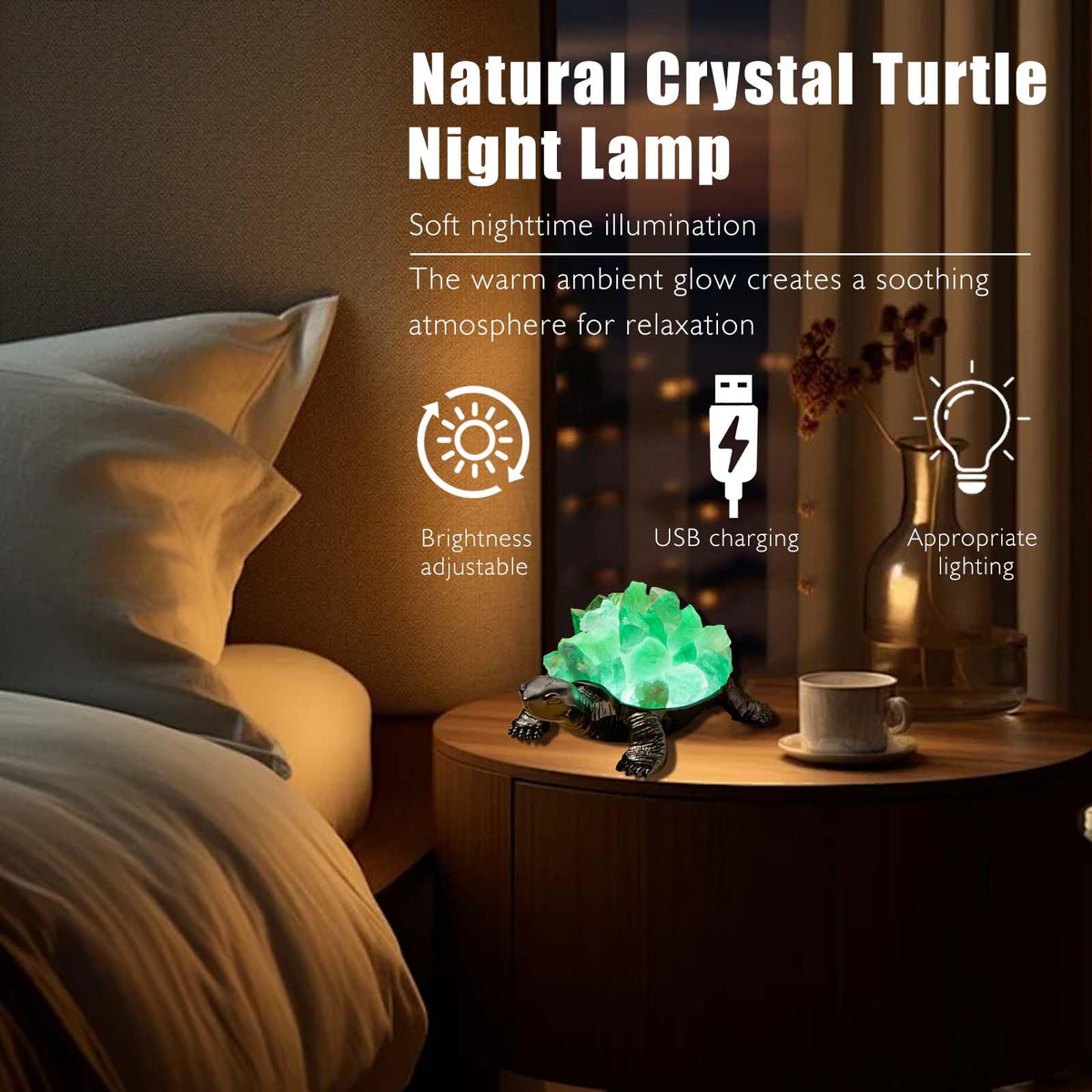 Natural Green Fluorite Turtle Night Lamp Healing Crystal Bedroom Bedside Table Lamp USB Port Home Decoration Women Men Decor Gift (Green)