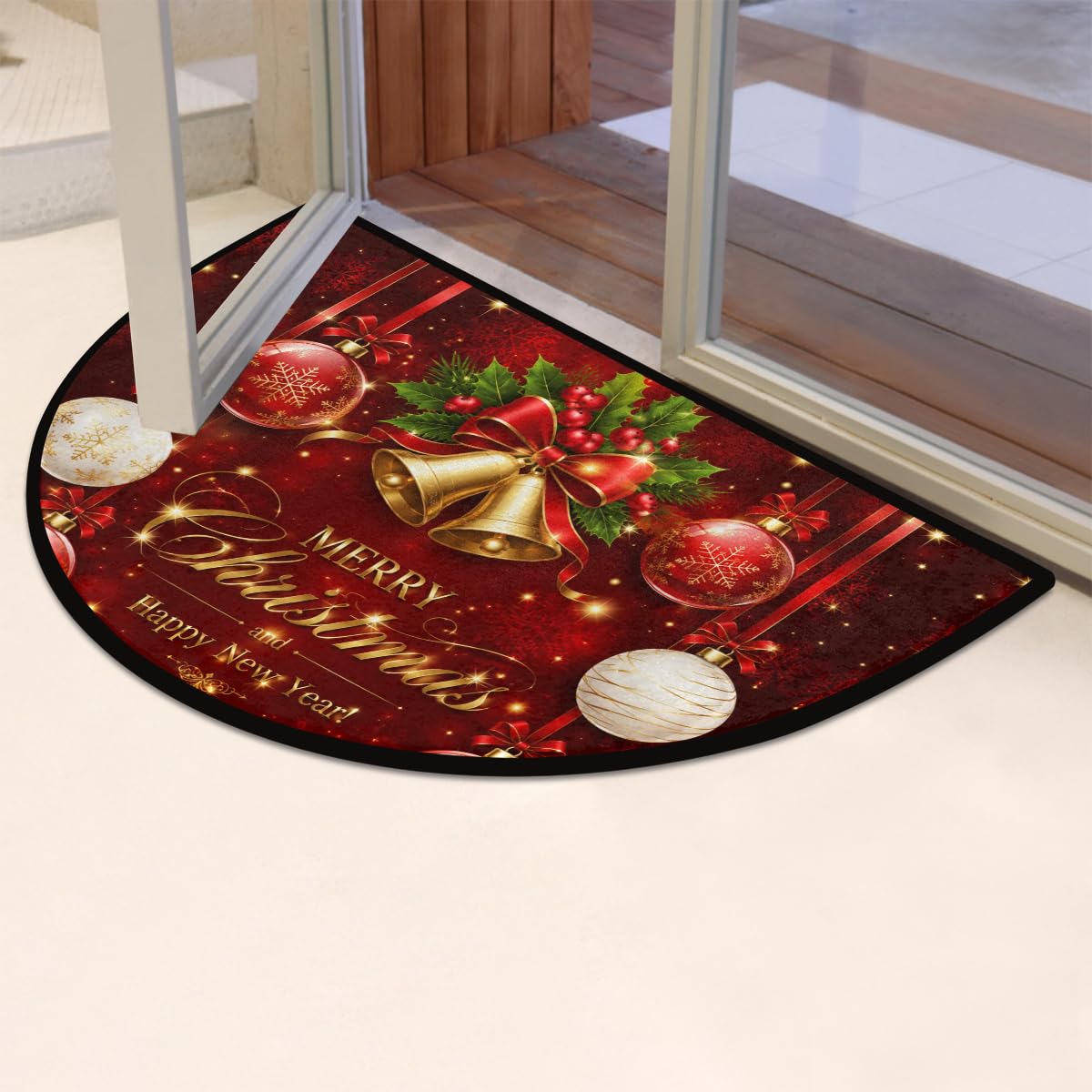 Half Round Doormat Washable Kitchen Semi Circle Rug xmas Bell Holly ball (G 04)