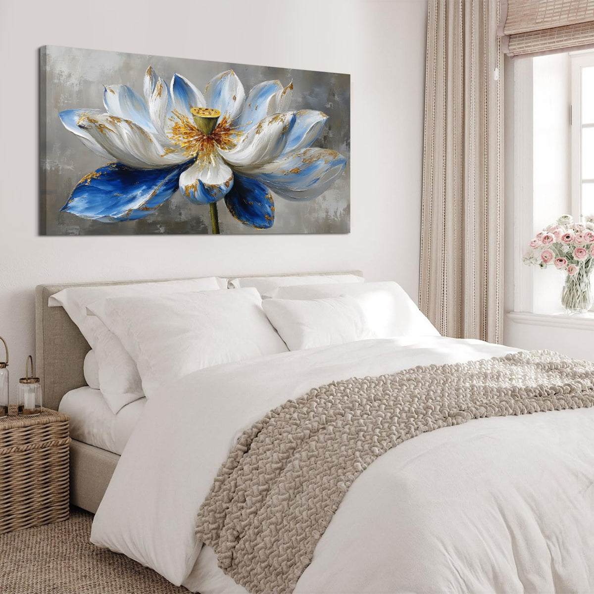 Zen Wall Art Abstract Lotus Wall Decor for Boho Bedroom Spiritual Meditation Paintings Picture Minimalist Blue Flowers Canvas Prints Watercolor Floral Artwork for Living Room Office Decorations 30x60" (60"L x 30"W / BLotus)