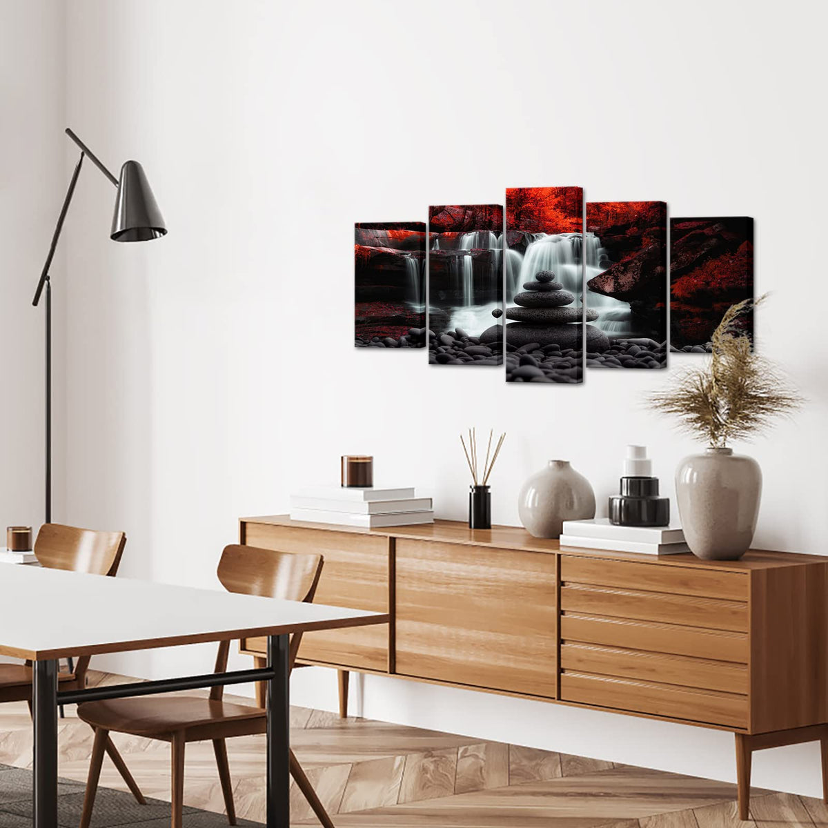 Black White Red Landscape Print Artwork for Living Room Red Tree Canvas Autumn Wall Art Zen Stones Waterfall Painting Picture Wall Decor Framed Ready to Hang (50"L x 24"W)