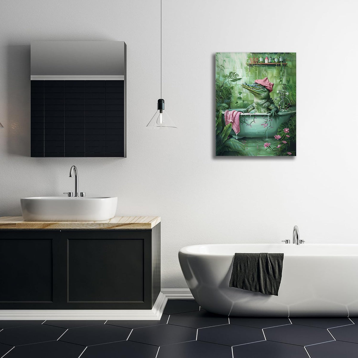 Bathroom Crocodile Wall Art Alligator Bathroom Pictures Wall Decor Funny Toilet Bathroom Canvas Painting Home Modern Artwork Decorations Framed for Restroom 16 x 20 inch (20"L x 16"W / Crocodile)