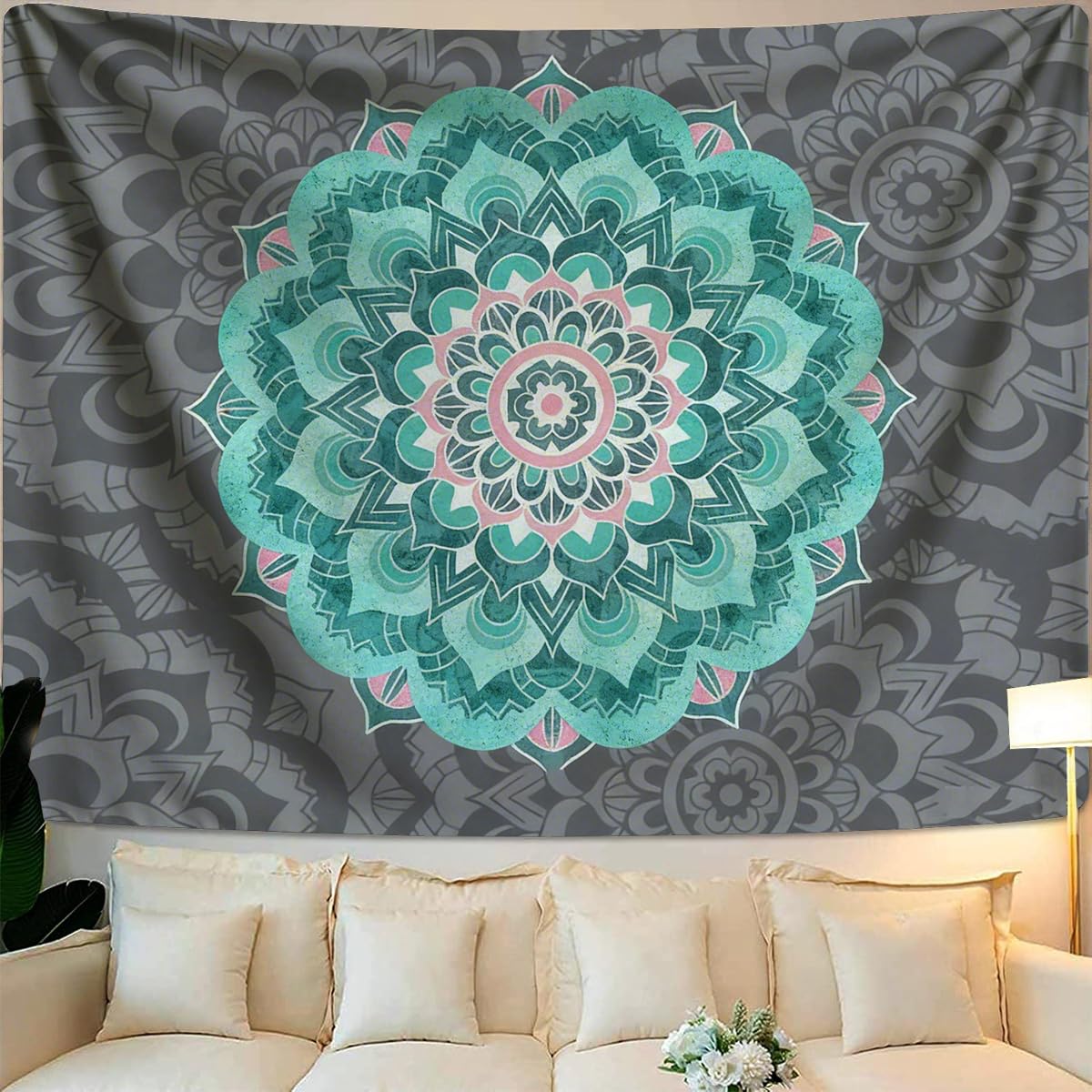 Popular Handicrafts Flower Mandala Tapestry Wall Hanging Psychedelic Aesthetic Blue Grey Indian Hippie Wall Decor Bohemian Wall Art Home Decoration for Bedroom Living Room Dorm (Blue / 59"L x 39"W)