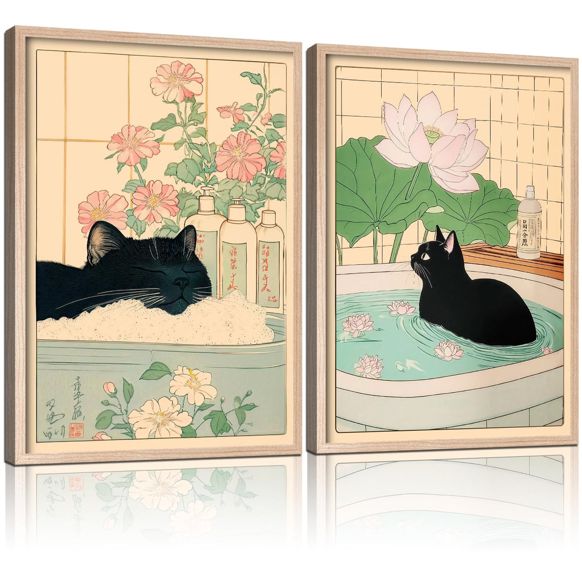 2Pcs Framed Japanese Style Black Cat Wall Art Bathroom Decor Painting Vintage Style Artwork HD Canvas Prints Living Room Wall Decor Modern Zen Poster Home Gallery Picture 12X16 Inch (Black Cat Bathroom / 12"L x 16"W)