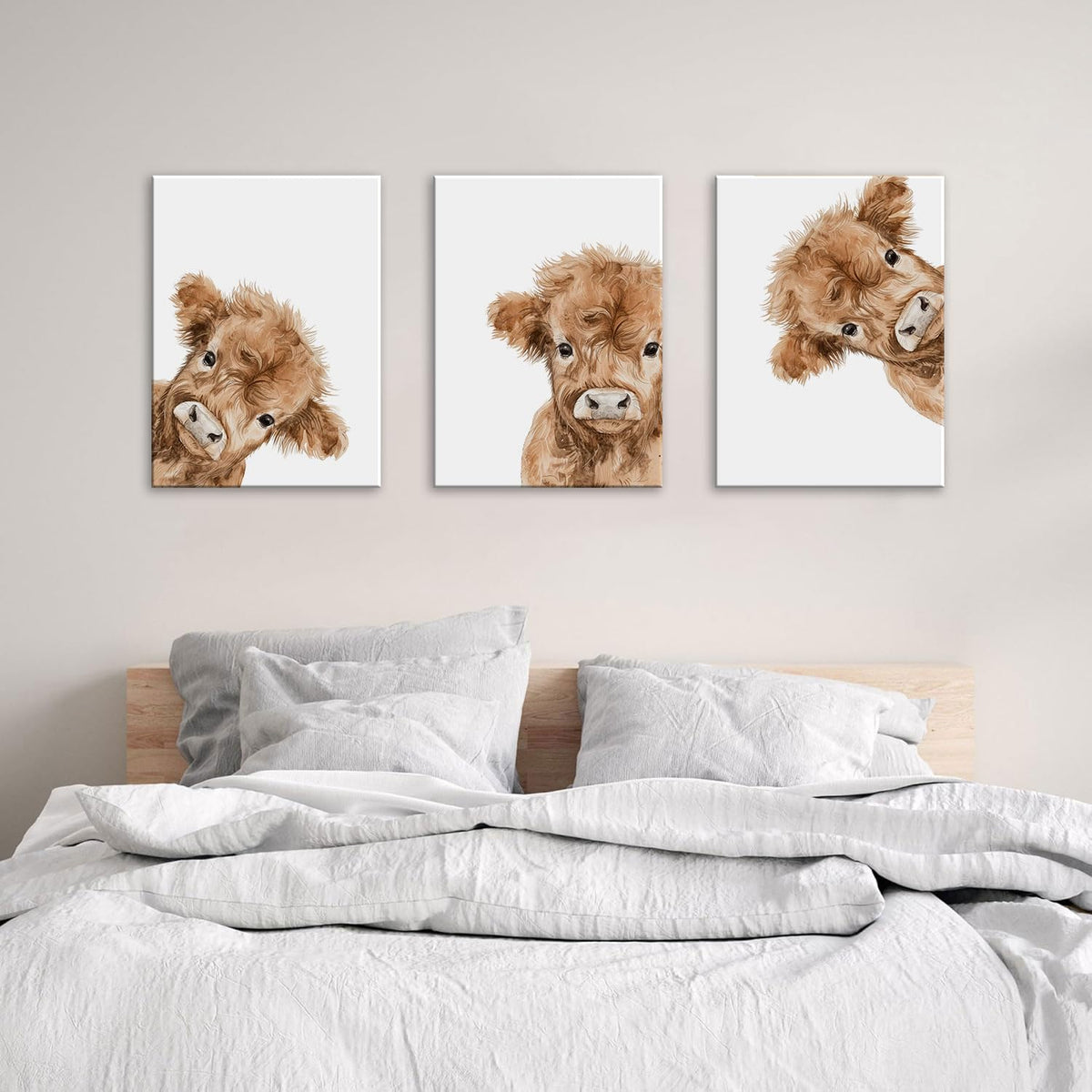 3 Piece Cute Highland Cow Canvas Wall Art Nursery Funny Animal Framed Wall Art Baby Cow Pictures Wall Decor Kids Animals Art Prints for Children's Room Bedroom 12"x16" (Highland bull / 12x16in)
