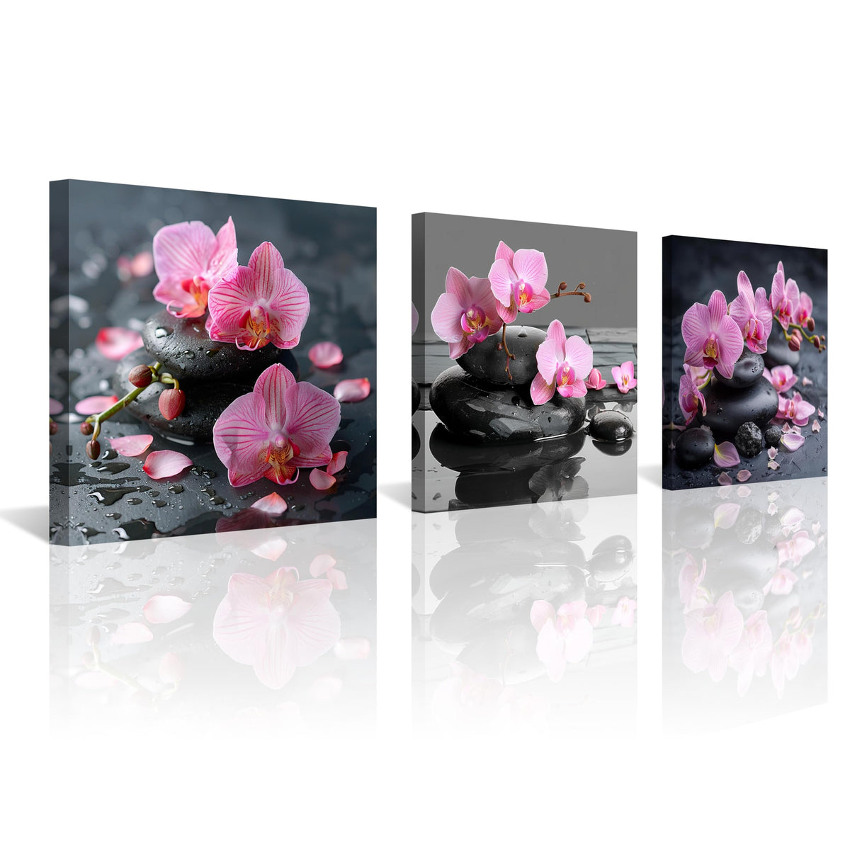 3PCS Zen Spa Canvas Wall Art Pink Orchid Flower and Black Massage Stones Print Modern Botanical Floral Artwork Relaxation Theme Wall Decor for Bathroom Bedroom Home Spa Salon Decor (16X16inchX3pcs / Pink Orchid and Black Massage Stones)