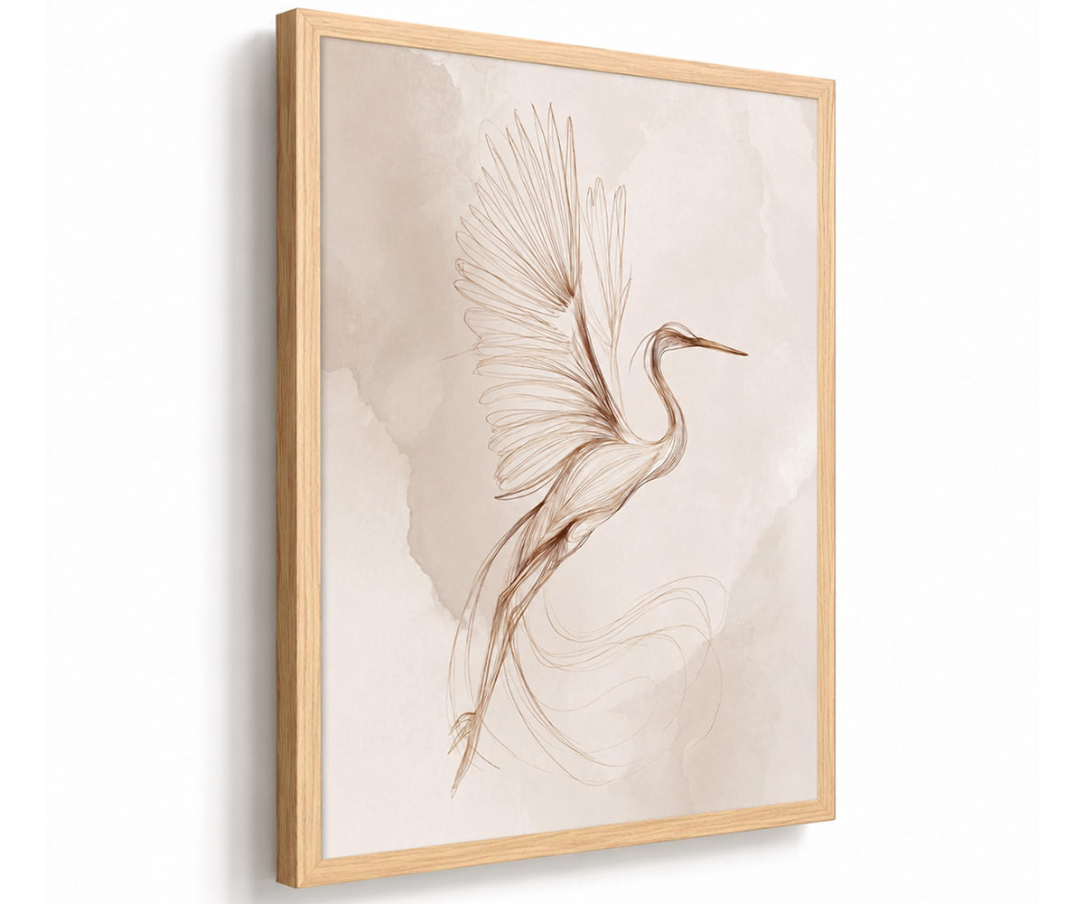 Framed Modern Minimalist Japandi Heron Line Art Canvas Wall Art (Beige, Cream, Warm White, Terracotta Brown / 12"L x 16"W)