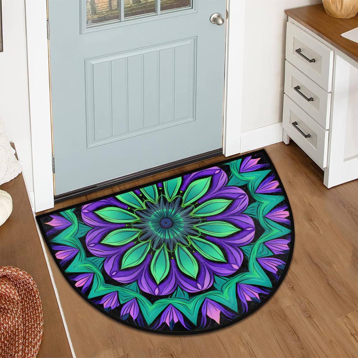 Half Round Door Mat India Mandala Floral Welcome Mats Non (36 inch x 24 inch (Semicircular) / India Mandala Floral)
