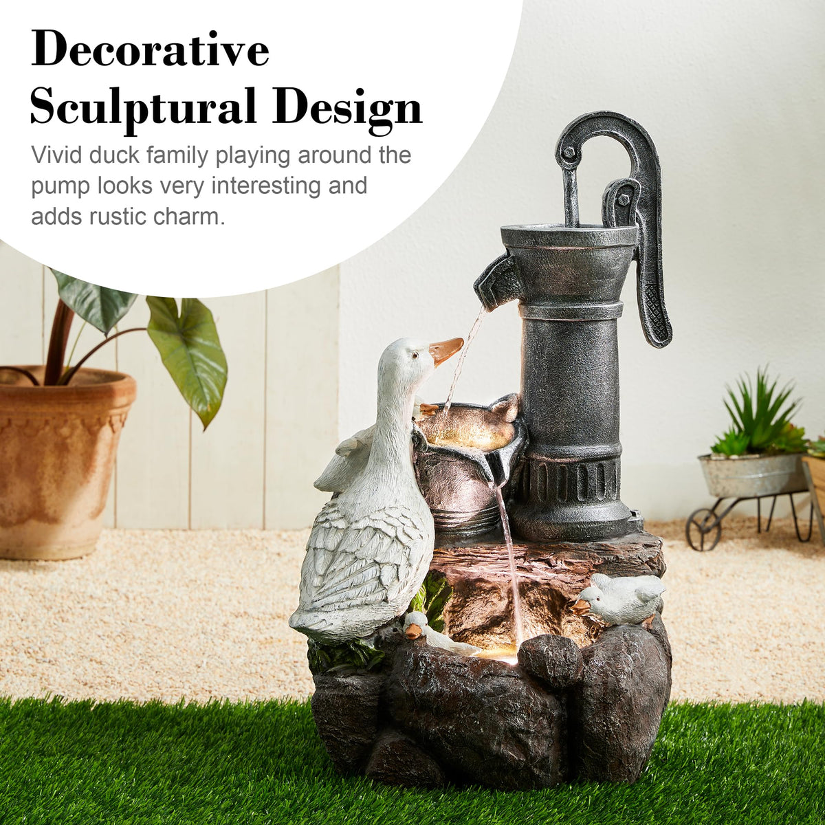 24" Farmhouse Duck Outdoor Fountain with LED & Pump (Cute Duck Family Fountain / 24"H)