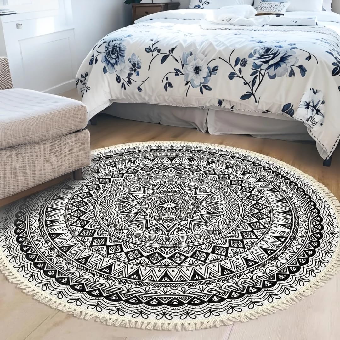 Boho Rug 4Ft Black Round Washable Carpet for Bedroom Farmhouse (Boho Flower 1 / 4' (Round))