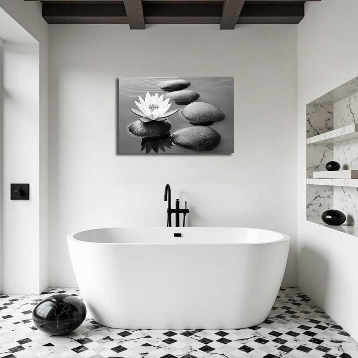 Zen Pictures for Bathroom Black White and Gray Bathroom Wall Art Zen Stone and Lotus Flower Canvas Prints Water Artwork for Spa Room Decor Frame (16L" x 24W")