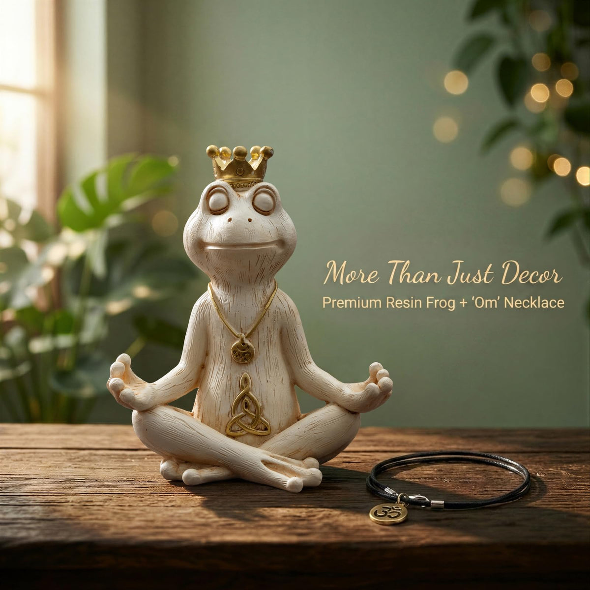Meditating Zen Frog Statue Decor with Bonus Om Necklace (White)