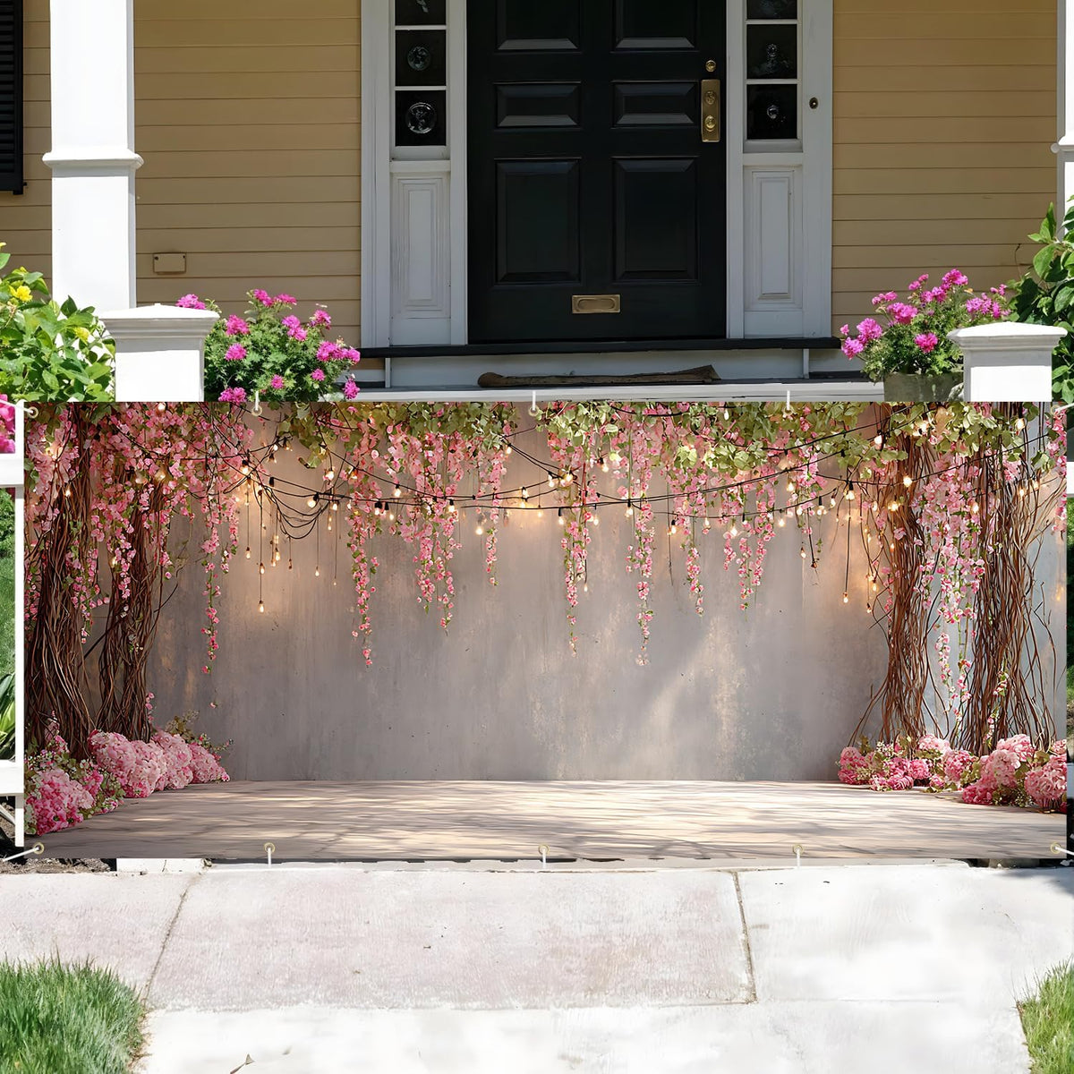 16x7Ft Romantic Pink Flower Vine Wall with Hanging Lights (148 / 7 x 16 ft)