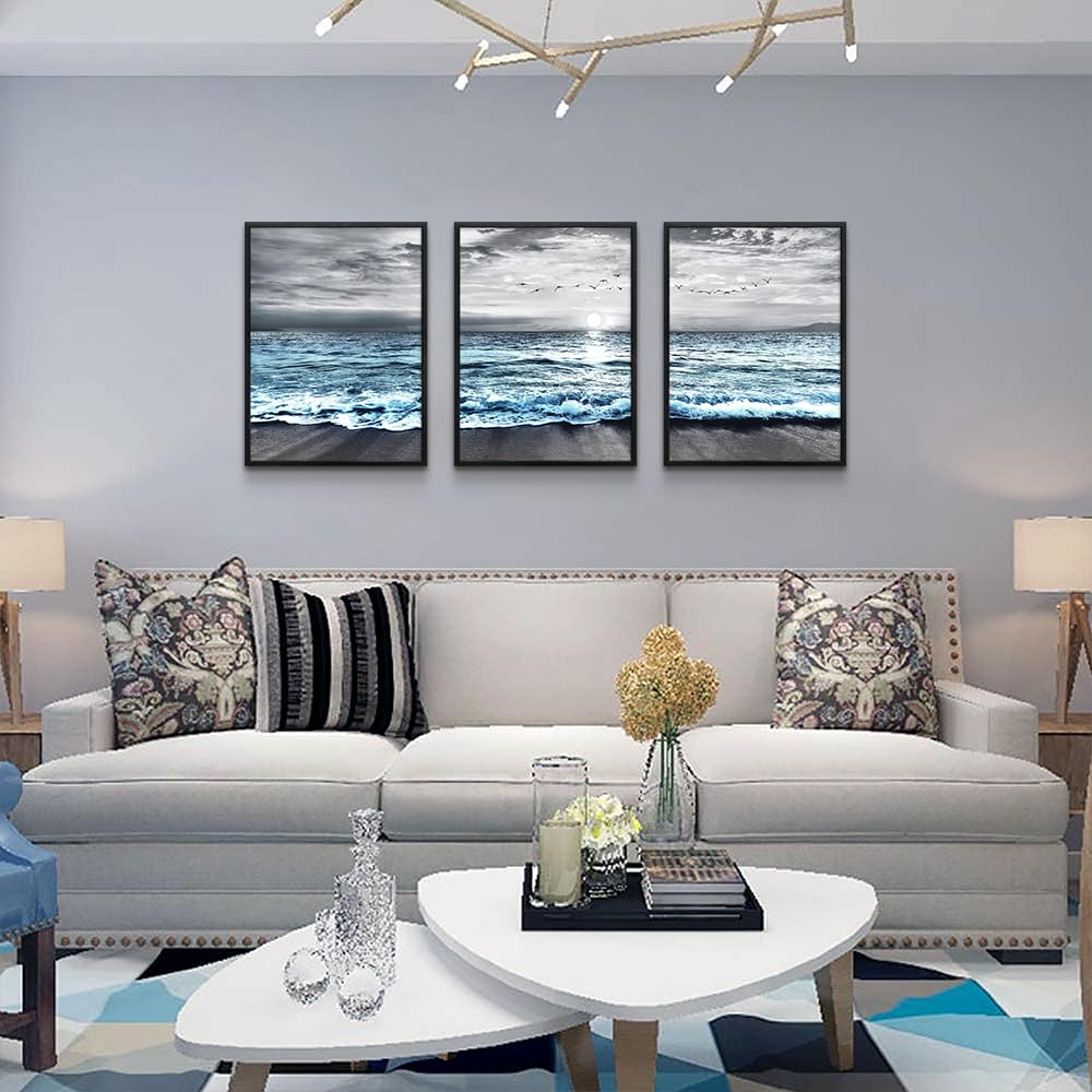 Black Framed Canvas Wall Art For Living Room & Bedroom Decor (12x16 inches (Set of 3 Panels) / Blue Ocean Landscape with Black Frame)