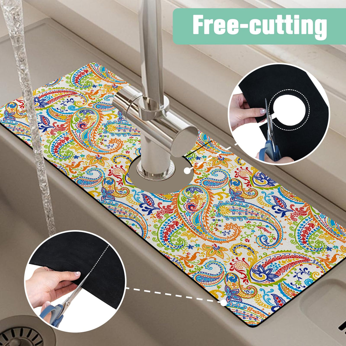 Kitchen Sink Splash Guard Faucet Mat 24" X 5.5" Paisley Absorbent Fast Drying Mat Faucet Draining Mat Sink Splash Guard Behind Faucet Drip Catcher for Kitchen Bathroom (24*5.5in / paisley01)