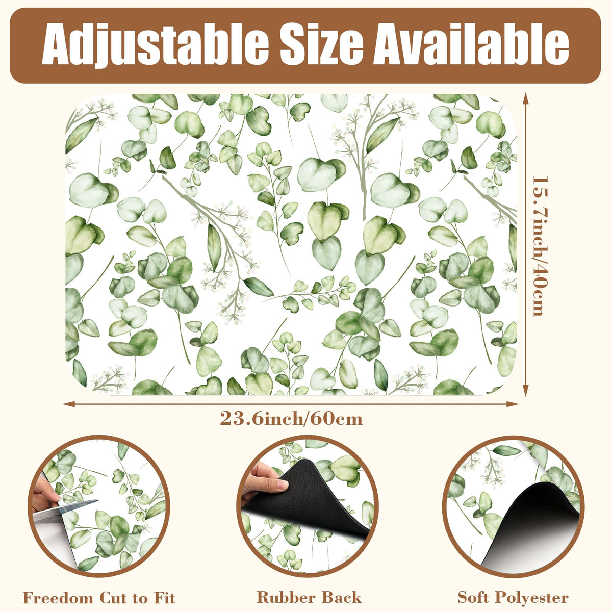 Eucalyptus Leaves Dish Drying Mat for Kitchen Counter Coffee Mat Hide Stain Absorbent Rubber Backed Drying Rack Pad Espresso Machine Coffee Bar Accessories 15.7 x 23.6 Inch (15.7" x 23.6")