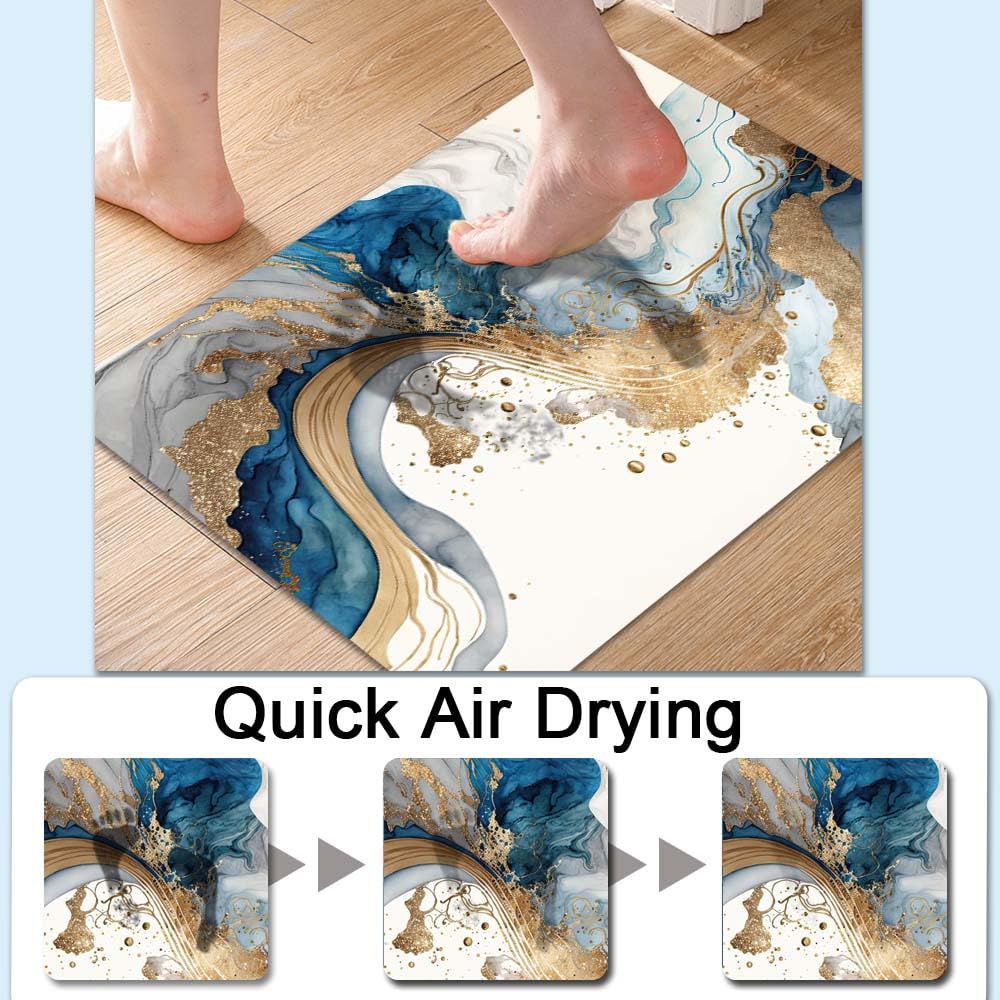 Bath Mat Bathroom Rug (Natural Blue and Gold Marble- / 17 x 27.5 inches)