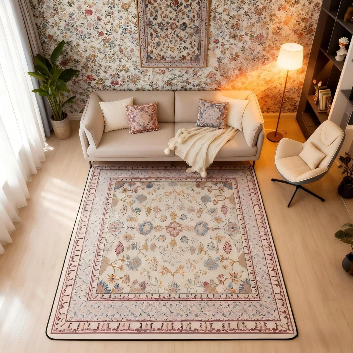 Boho Area Rug 5x7 Vintage Floral Art Deco (Pink Beige / 4'11" x 6'6" (Rectangular))