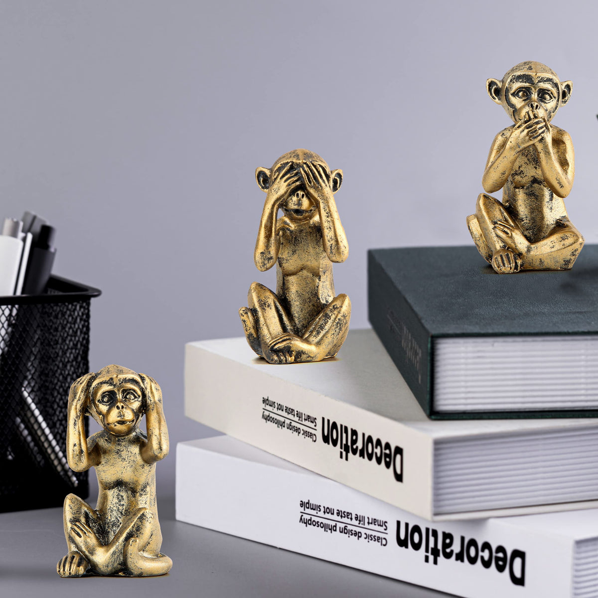3 Wise Monkeys Statue for Home Decor Accents (Gold)