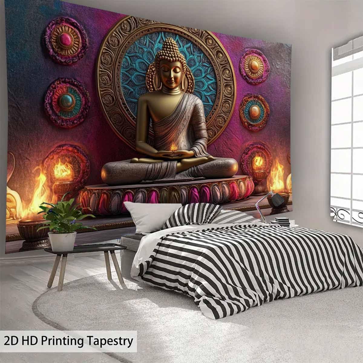 Vintage Meditation Tapestry Gloden Buddha Zen Happiness Wall Hanging Large Tapestries Psychedelic Buddhist Poster Decorations Bedroom Living Room Dorm (Red / 59"L x 51"W)