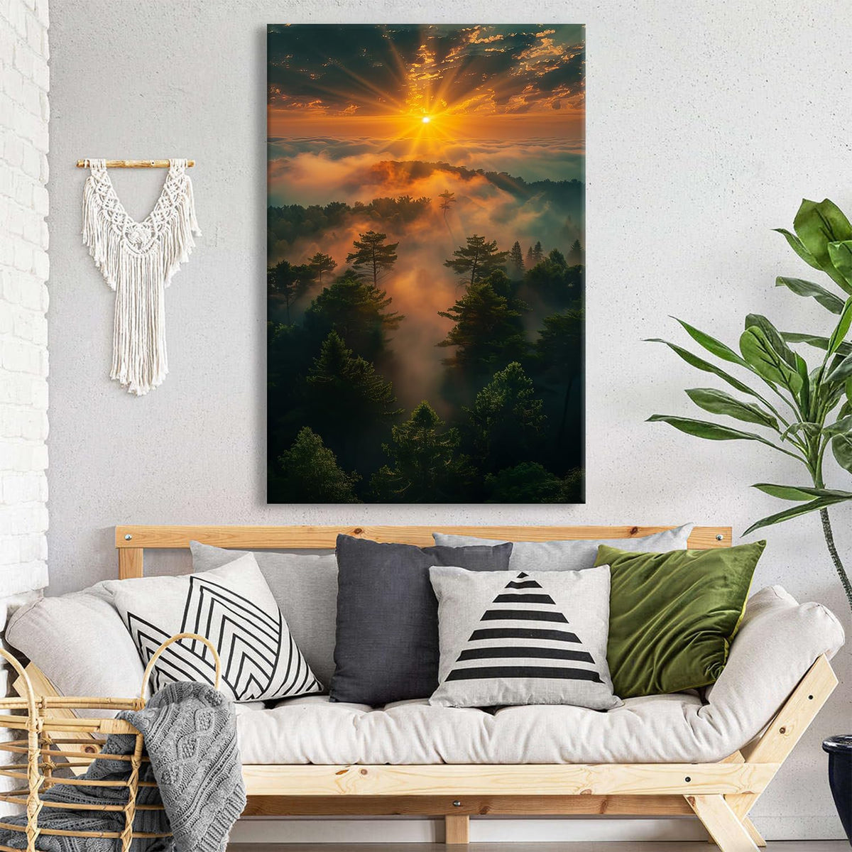 Nature Sunset Landscape Canvas Wall Art for Bedroom Misty Forest Mountain Wall Decor Vintage Fall Pictures for Kitchen Decorations 32x48" (32"L x 48"W / Fall06)