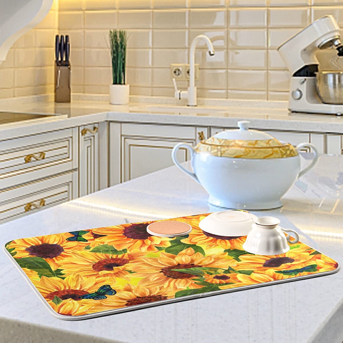 Super Absorbent Dish Drying Mat (Sunflowers Blue Butterflies / 16" x 18")