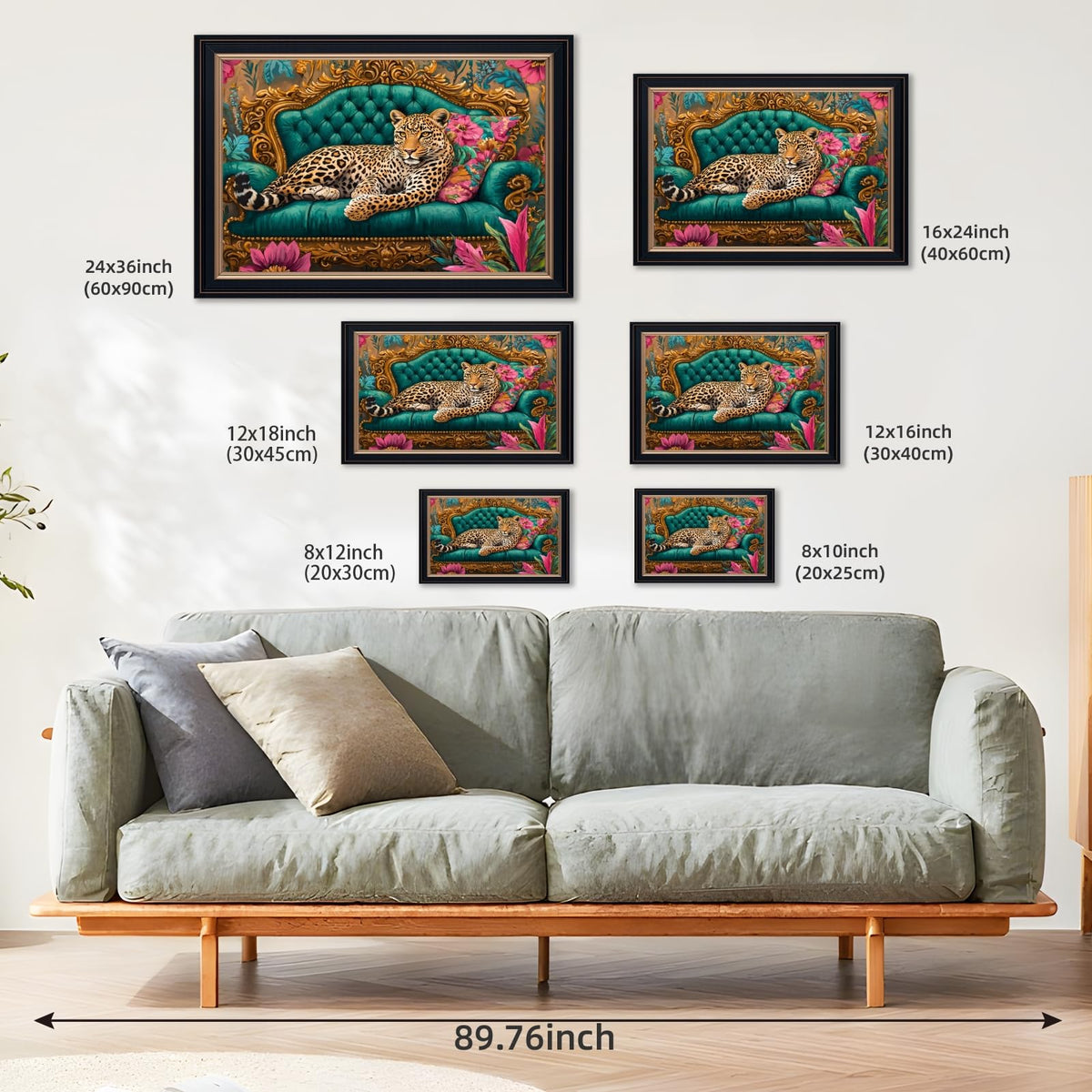 Framed Cheetah Lying on Ornate Sofa Wall Art Canvas Print Colorful Maximalist Leopard Painting Artwork Eclectic Boho Wild Animal Poster Jungle Picture Decor for Bedroom Living Room 12x16inch Black (12"L x 16"W / Style-5 Retro Black Frame)
