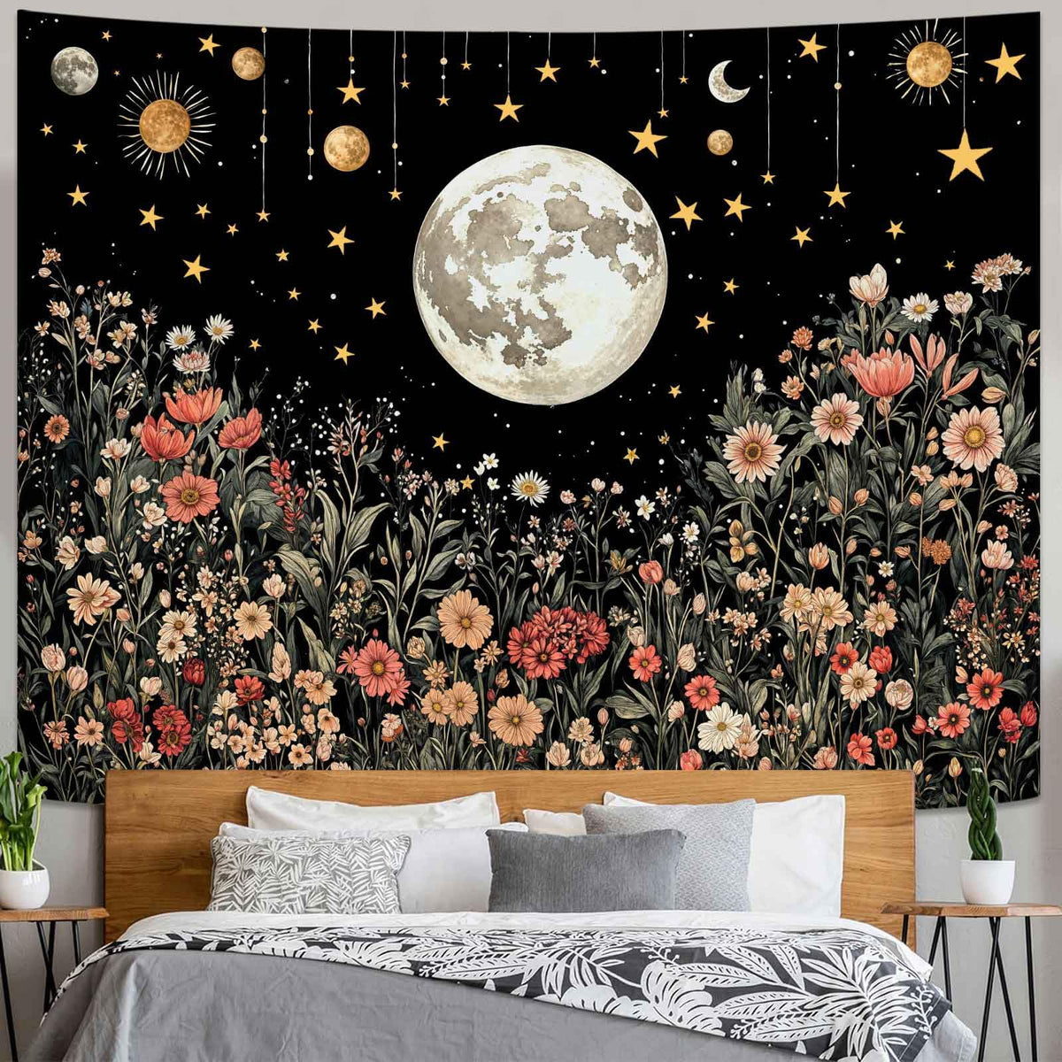Enchanted Floral Night Sky Tapestry (80"L x 60"W / Black Moon)