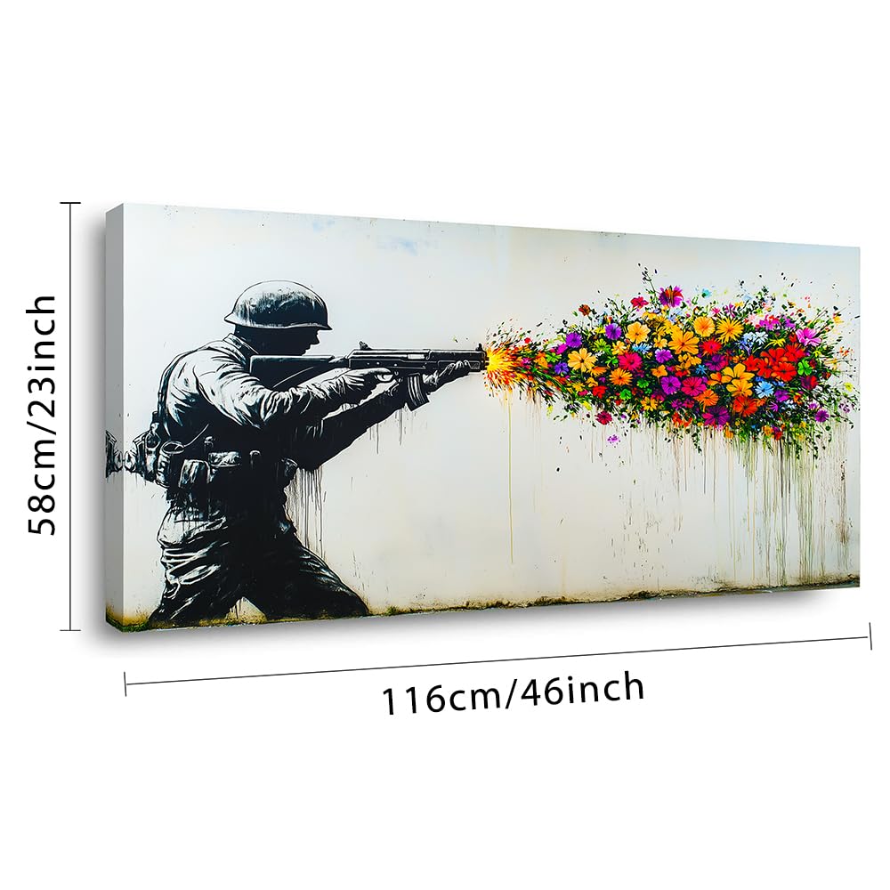 Black Soldier with Colorful Flower Wall Art for Living Room Office Peaceful Urban Contemporary Painting Prints Banksy Style Canvas Artwork Dining Bedroom Decor Large (Contemporary / Colorful Soldier Flower Wall Art / 46"L x 23"W)