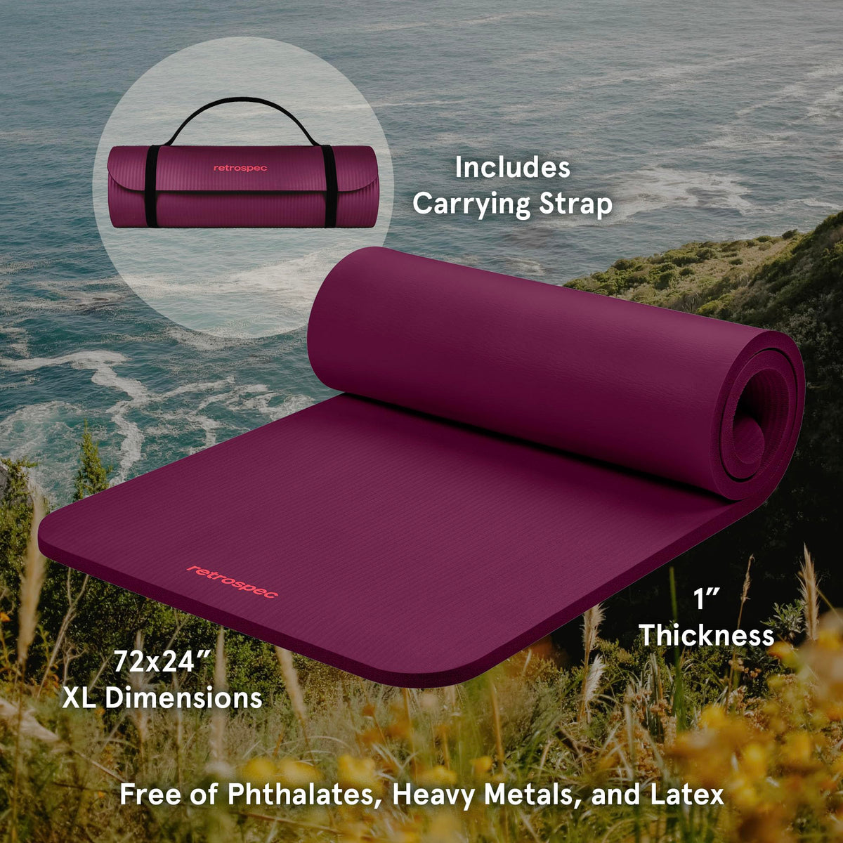 Solana 1" Extra Thick Yoga Mat Non Slip Exercise Mat w (Boysenberry / 1 inch)